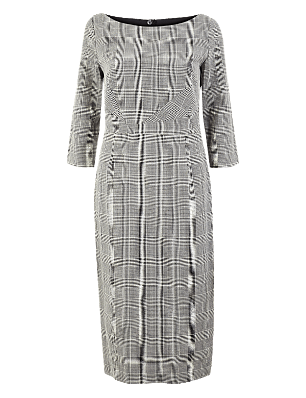 Cotton Blend Checked Midi Bodycon Dress