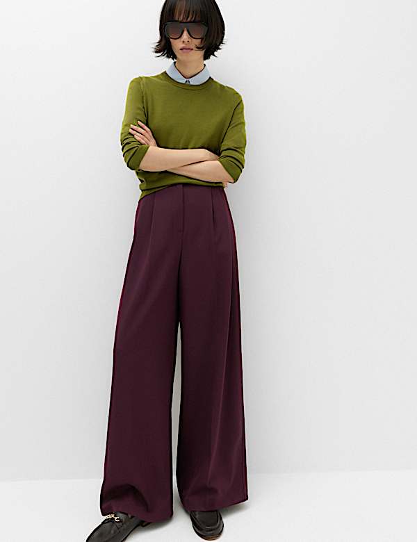 Double Pleated Side Tab Wide Leg Trousers
