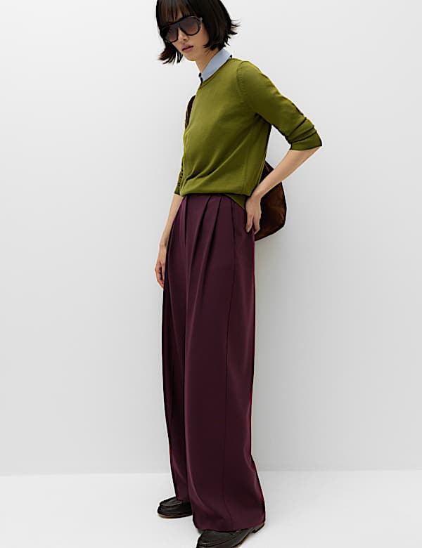 Double Pleated Side Tab Wide Leg Trousers - FR