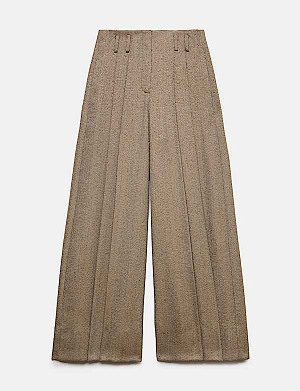 Tweed Herringbone Pleated Wide Leg Trousers - FI