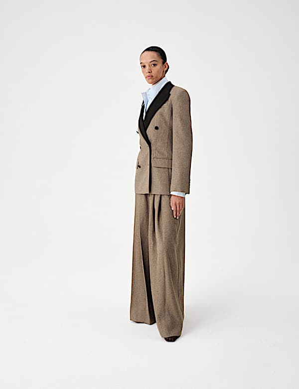 Tweed Fitted Herringbone Contrast Double Breasted Fitted Blazer - UA
