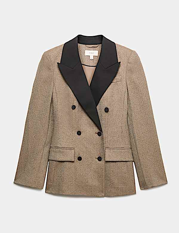 Tweed Fitted Herringbone Contrast Double Breasted Fitted Blazer - UA