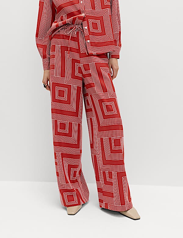 Satin Twill Printed Wide Leg Trousers - FR