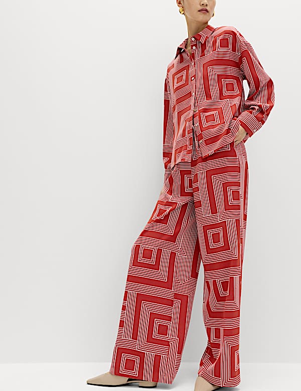 Satin Twill Printed Wide Leg Trousers - FR