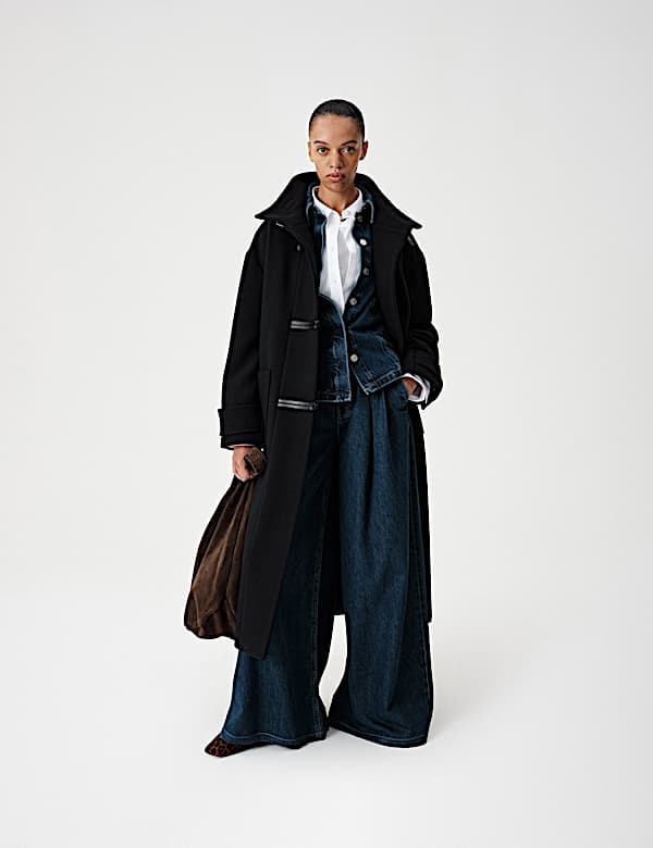 Funnel Neck PU Trim Longline Coat - TW