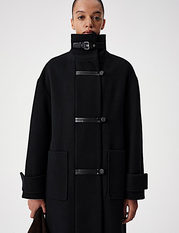 Funnel Neck PU Trim Longline Coat - TW