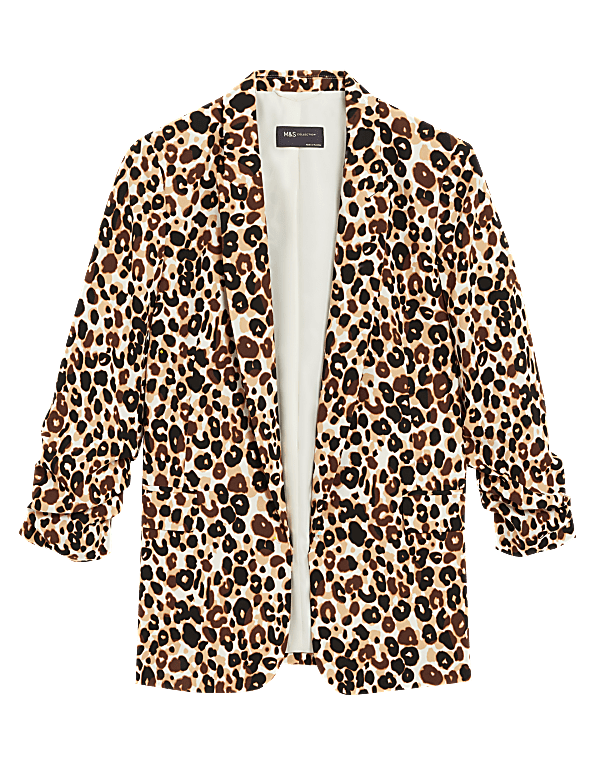 Relaxed Animal Print Ruched Sleeve Blazer