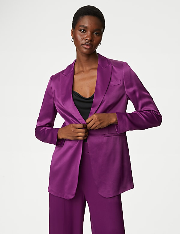 Blazer de aspecto satinado con botonadura simple informal - US