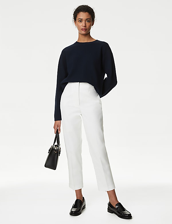 Cotton Blend Slim Fit Cropped Trousers BLACK Trousers M S JO