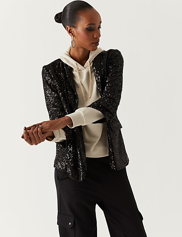 Relaxed Sequin Ruched Sleeve Blazer