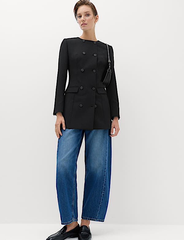 Double Breasted Collarless Longline Blazer - IL
