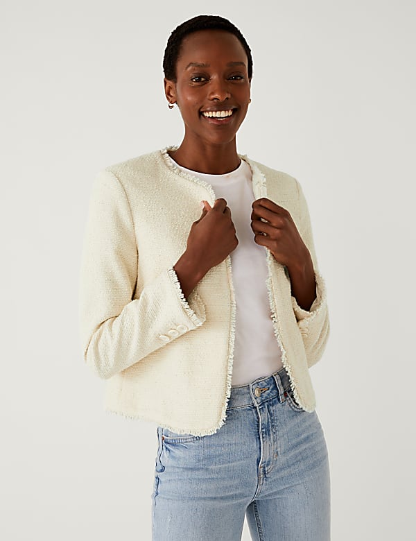 Pure Cotton Tweed Collarless Short Jacket