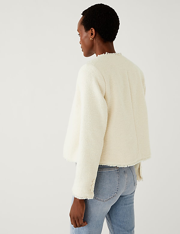 Pure Cotton Tweed Collarless Short Jacket