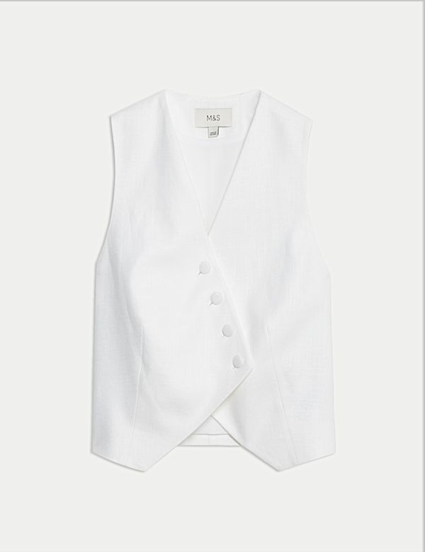 Gilet de costume asym&eacute;trique en lin serg&eacute; textur&eacute; - CA