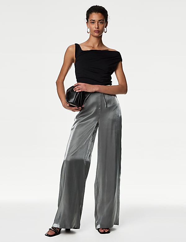 Metallic Drawstring Wide Leg Trousers - JP