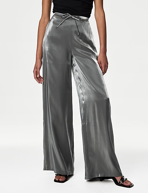 Metallic Drawstring Wide Leg Trousers