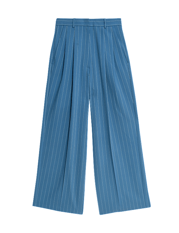 Pinstripe Pleat Front Wide Leg Trousers