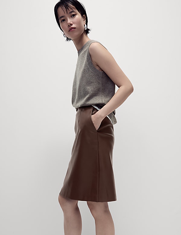 Leather Look Knee Length A-Line Skirt