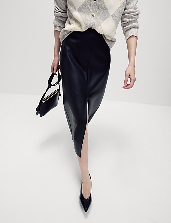 Leather Look Midaxi Pencil Skirt BLACK Skirts M S NZ