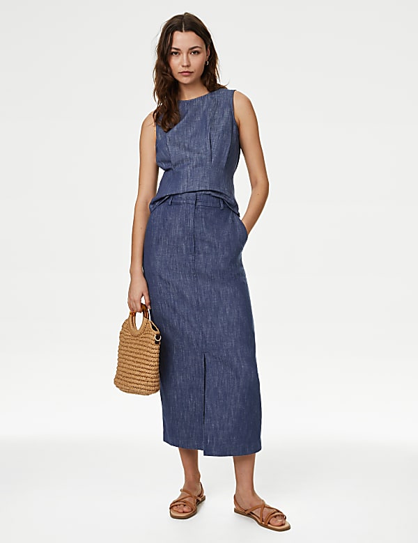 Linen Blend Split Front Maxi Column Skirt - IL