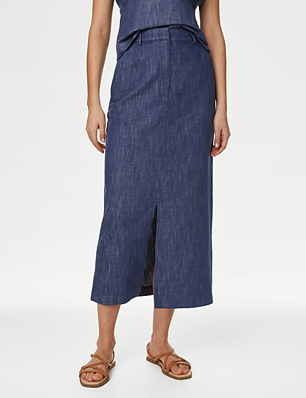 Linen Blend Split Front Maxi Column Skirt - IL