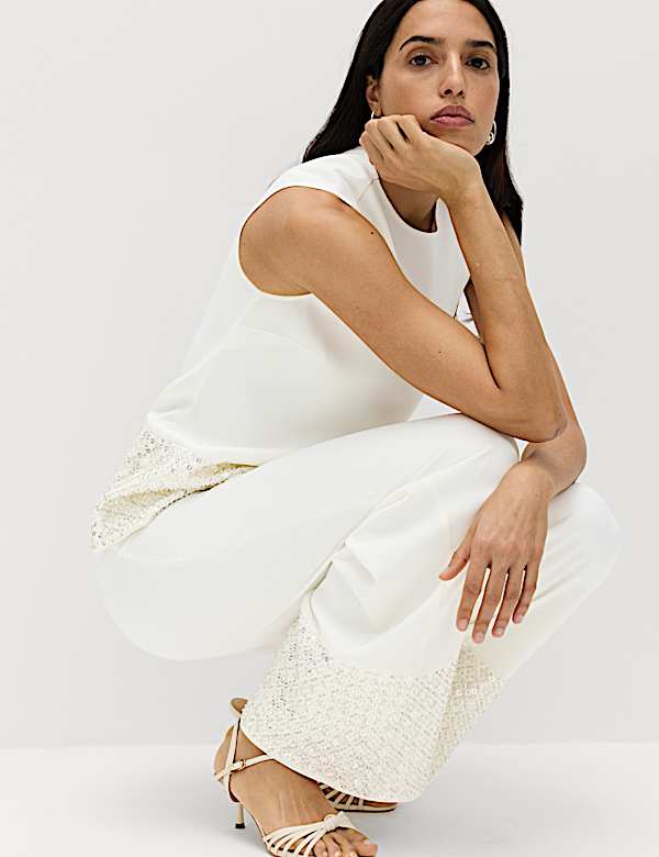 Broek met rechte pijpen versierd met pailletten op de zoom - BE