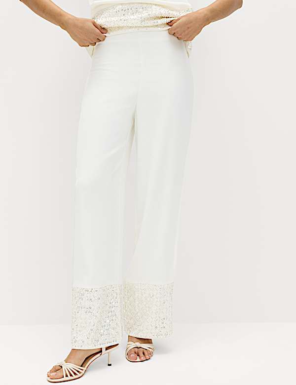Broek met rechte pijpen versierd met pailletten op de zoom - BE