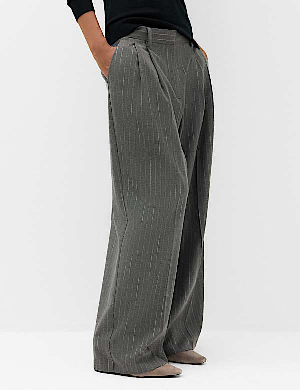 Pinstripe Pleat Front Straight Leg Trousers - CN