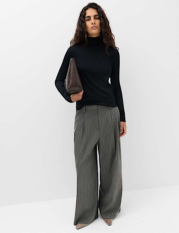 Pinstripe Pleat Front Straight Leg Trousers - CN