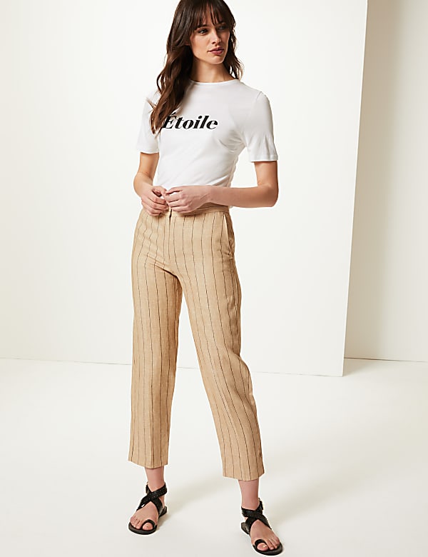 Pure Linen Striped Ankle Grazer Trousers