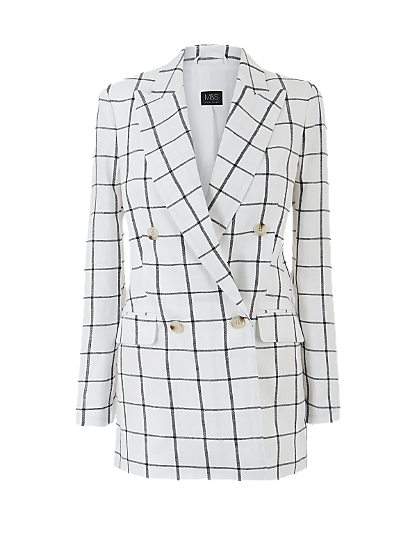 Pure Linen Checked Double Breasted Blazer
