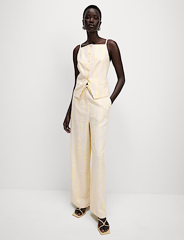 Linen Blend Striped Wide Leg Trousers