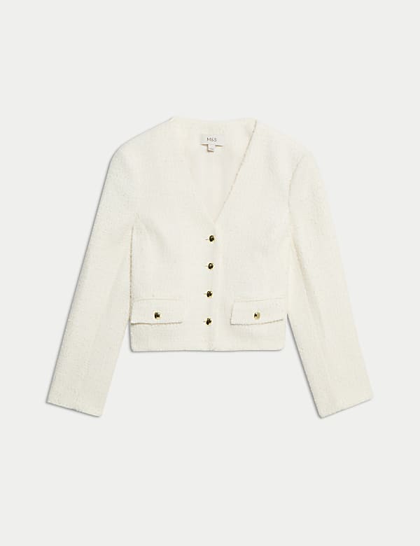 V Neck Fringe Tweed Jacket - US