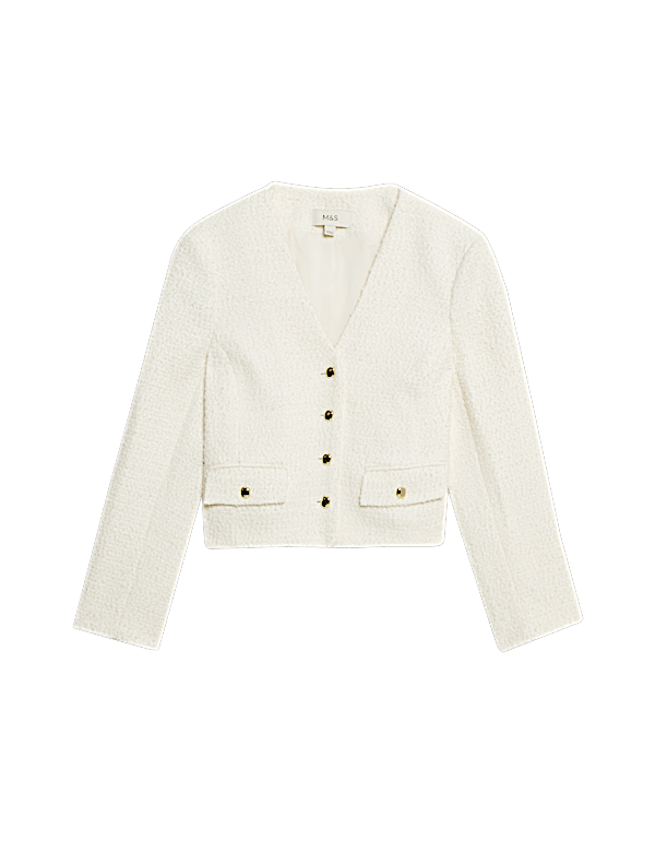 V Neck Fringe Tweed Jacket