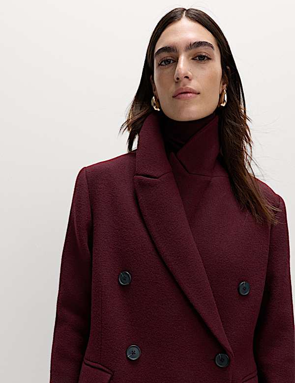 מעיל בגזרה ארוכה עם רכיסת כפתורים כפולה בשילוב צמר - IL