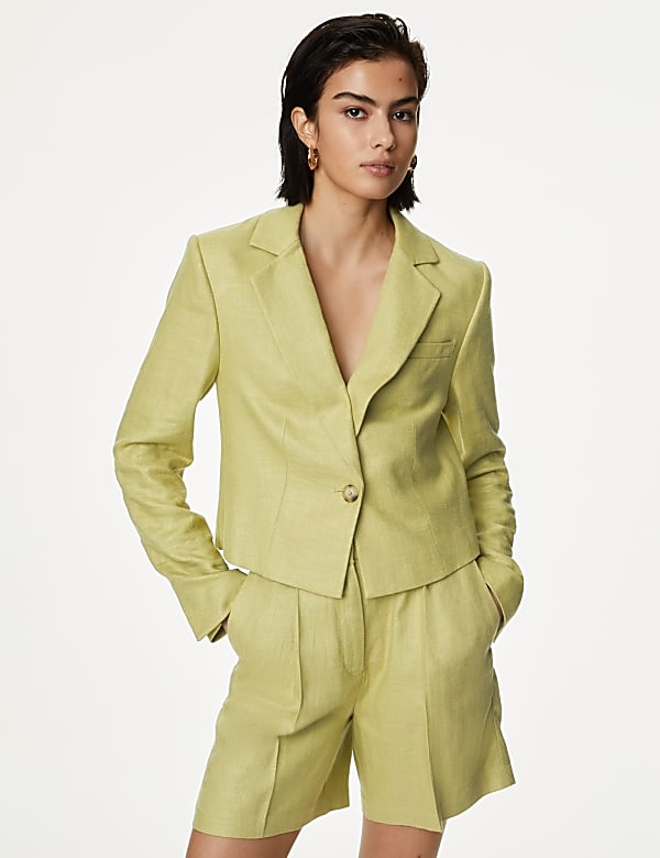 Linen Blend Revere Collar Cropped Blazer