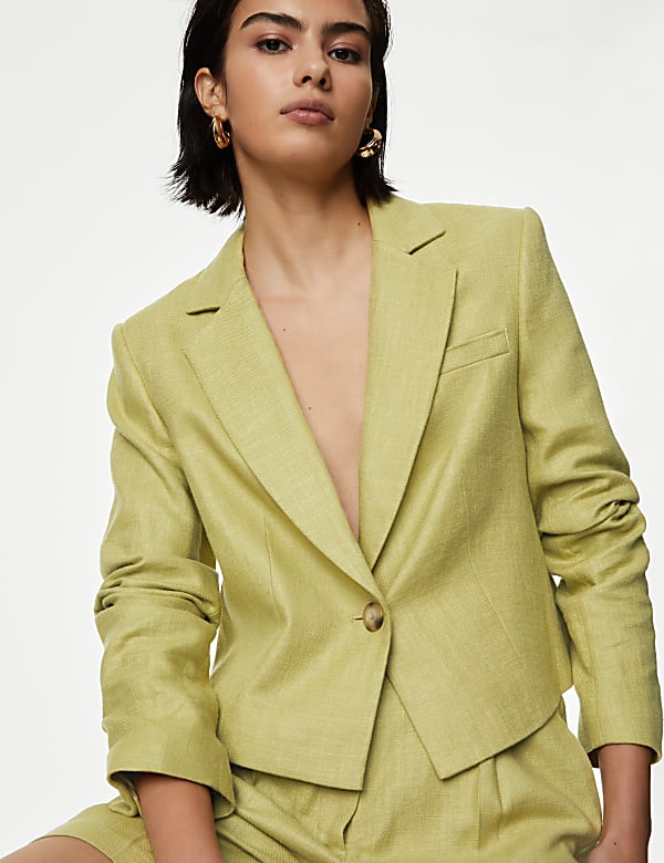 Linen Blend Revere Collar Cropped Blazer