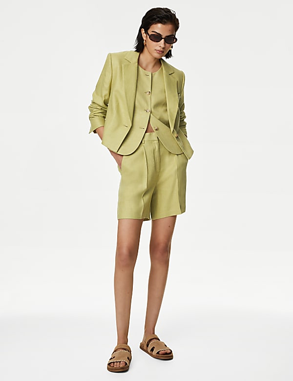 Linen Blend Revere Collar Cropped Blazer