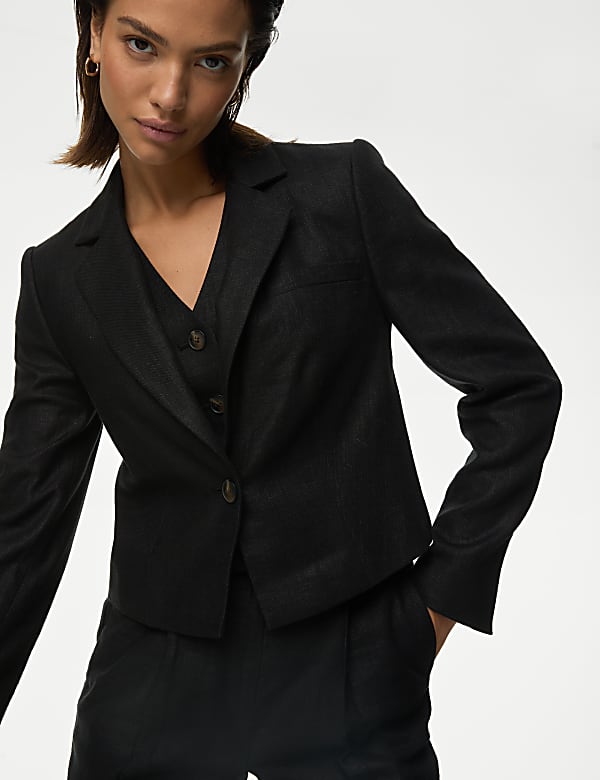 Linen Blend Revere Collar Cropped Blazer BLACK Blazers M S DK
