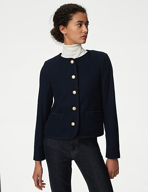 Pure Cotton Tweed Collarless Short Jacket - NL