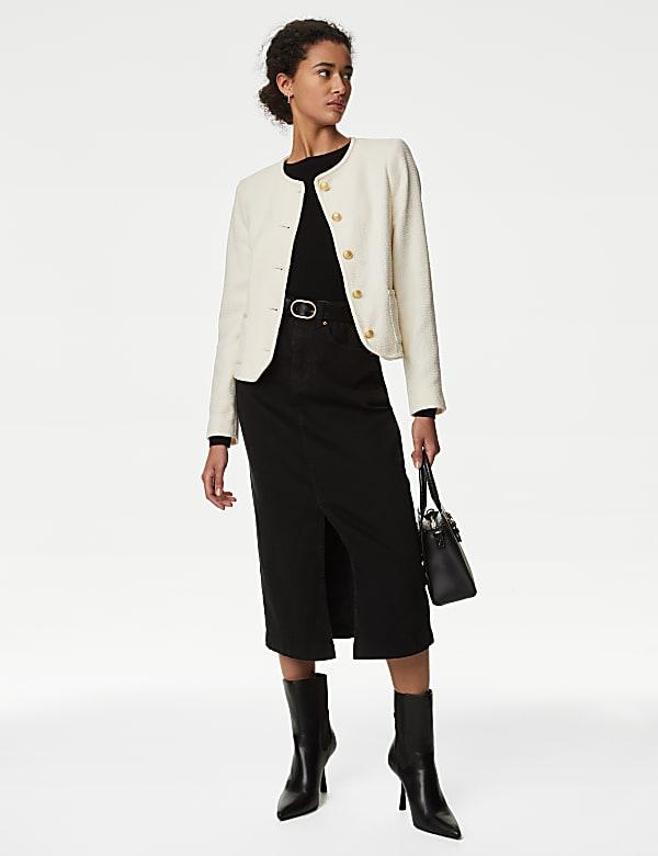 Chaqueta corta 100% algod&oacute;n de sarga sin cuello - US