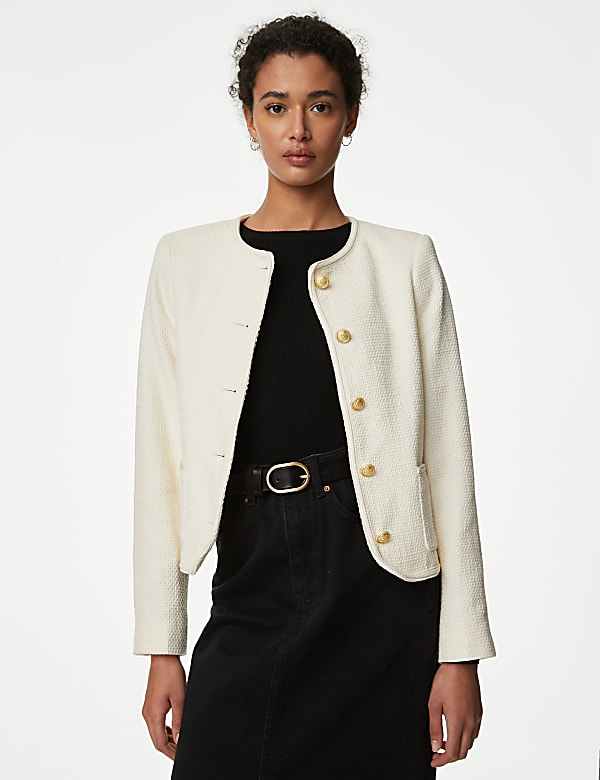 Chaqueta corta 100% algod&oacute;n de sarga sin cuello - US