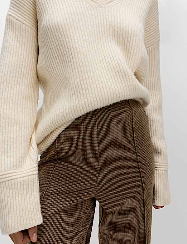 Jersey Twill Checked Straight Leg Trousers