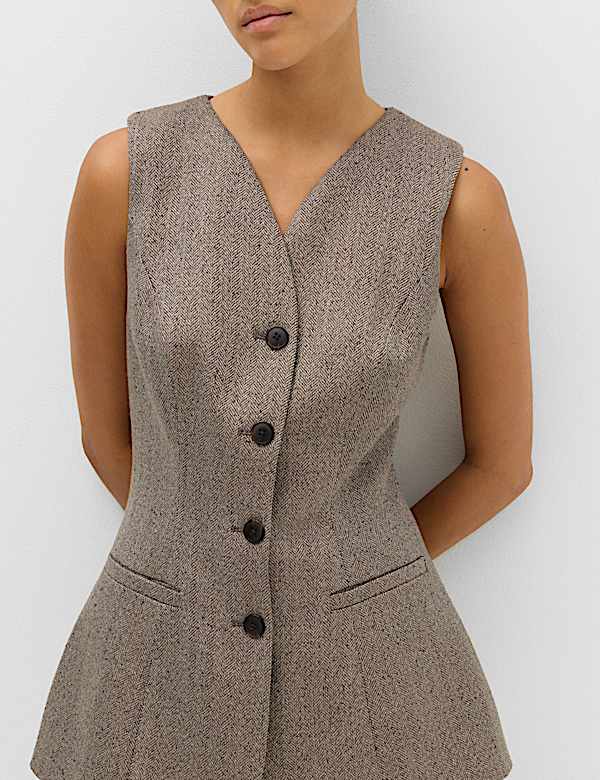 Neppy Herringbone Collarless Cinched Waistcoat - DK