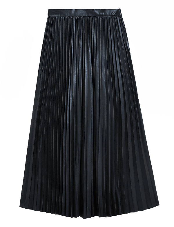 Faux Leather Pleated Midi Skirt