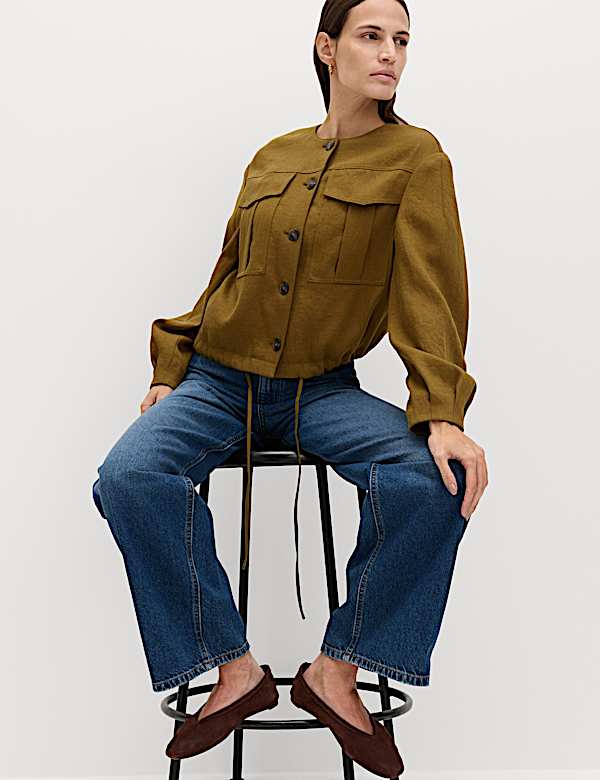 Collarless Utility Jacket With Linen - US