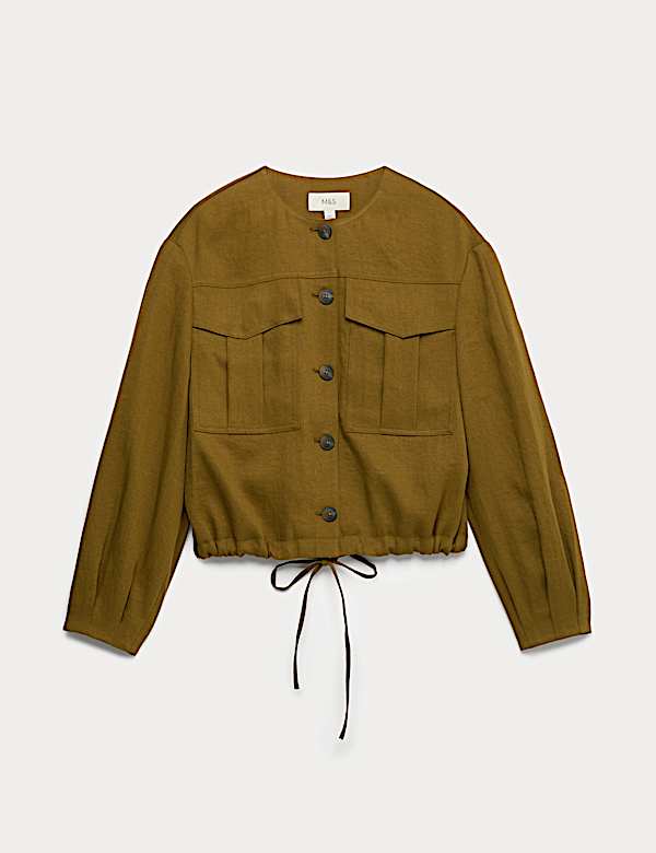Collarless Utility Jacket With Linen - US
