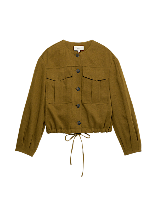 Collarless Utility Jacket With Linen