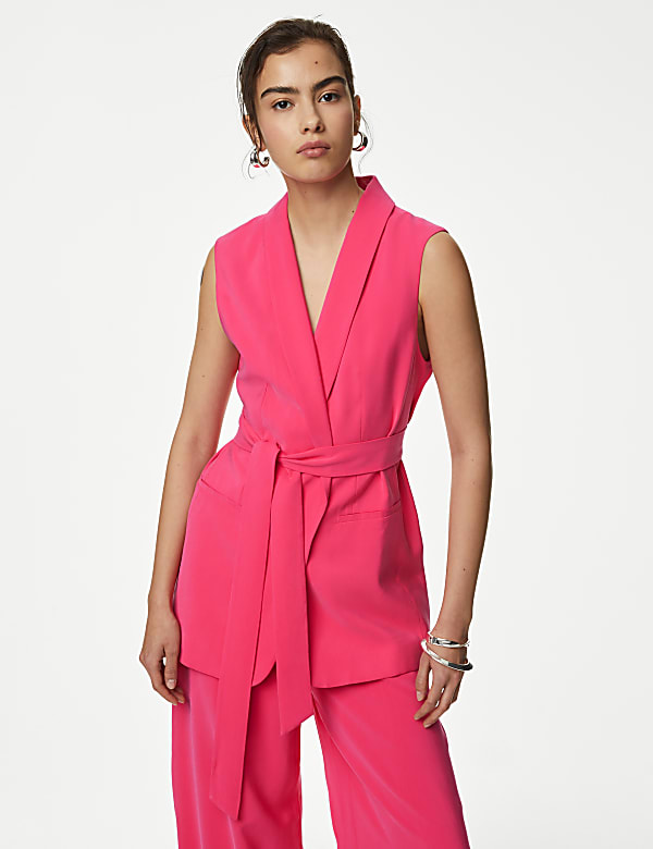 Satin Look Belted Longline Waistcoat