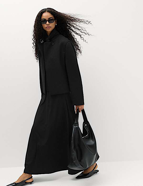 Collarless Short Button Through Jacket with Wool - SI